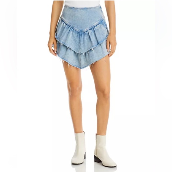 MOTHER THE RUFFLE MINI RAW EDGE DISTRESSED DENIM JEAN MINI COASTAL COWGIRL SKIRT - Picture 2 of 16